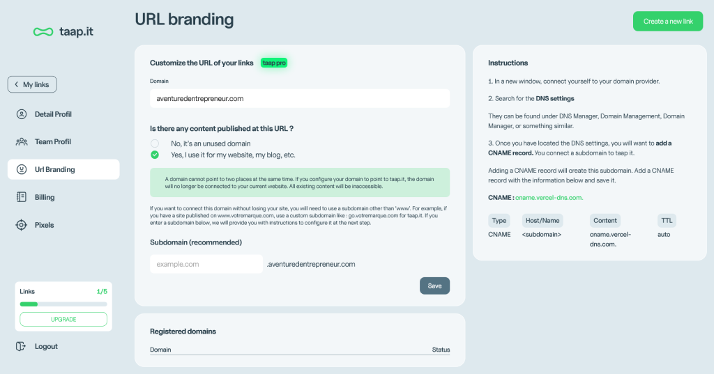 taap it domaine personnalise url branding