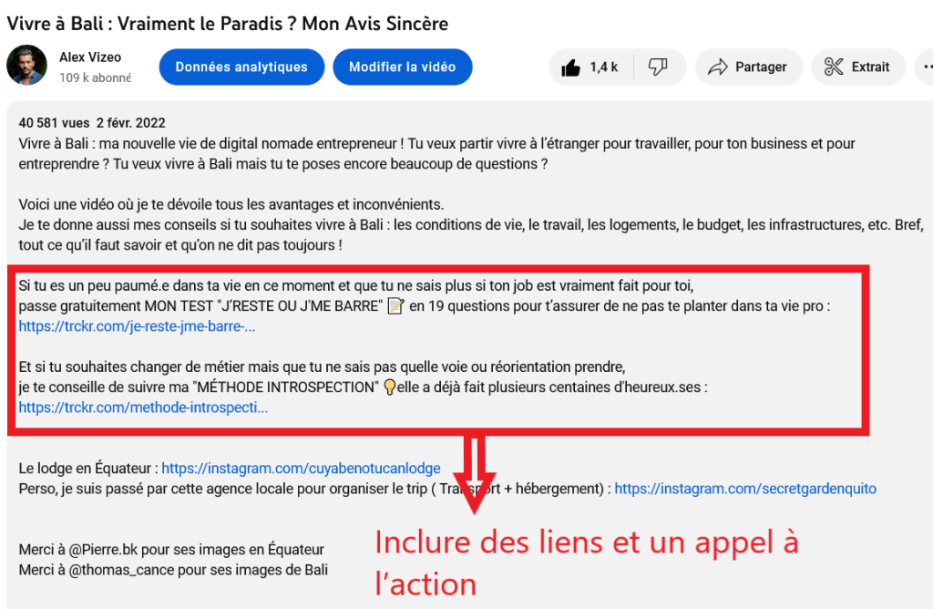 description video YouTube ajout lien appel action