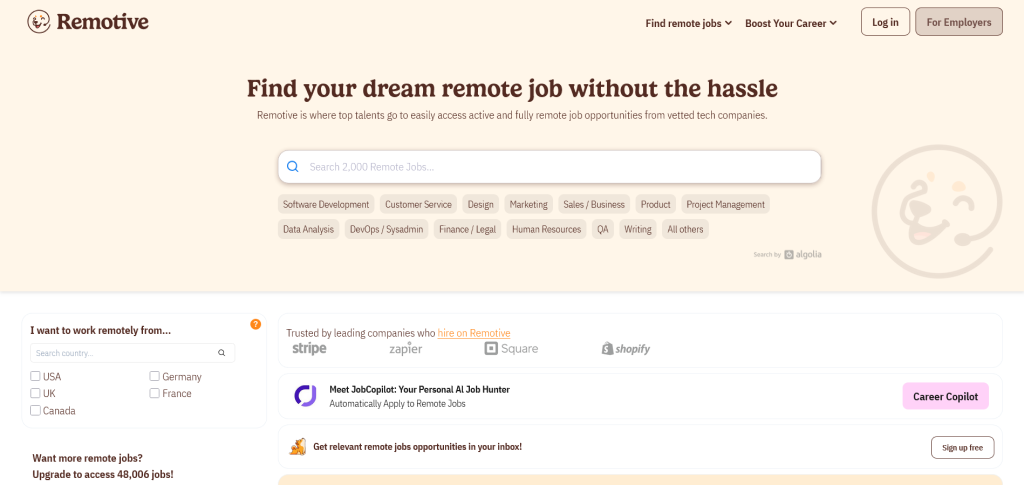 Remote Jobs plateform remotive Programming Support Design